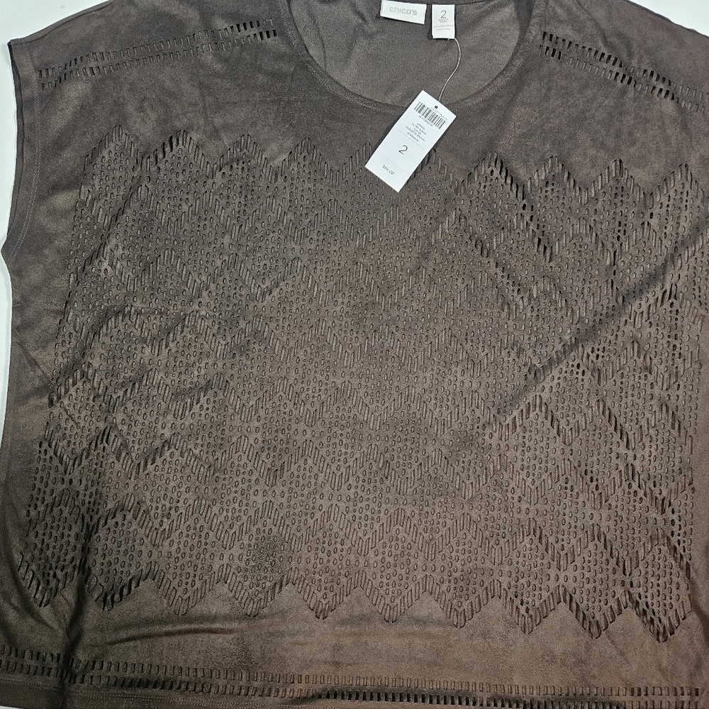 Chicos Chocolate Brown Ultra Suede Coquette Top Size 2 US 12 Large Sheer Blouse - Picture 7 of 12